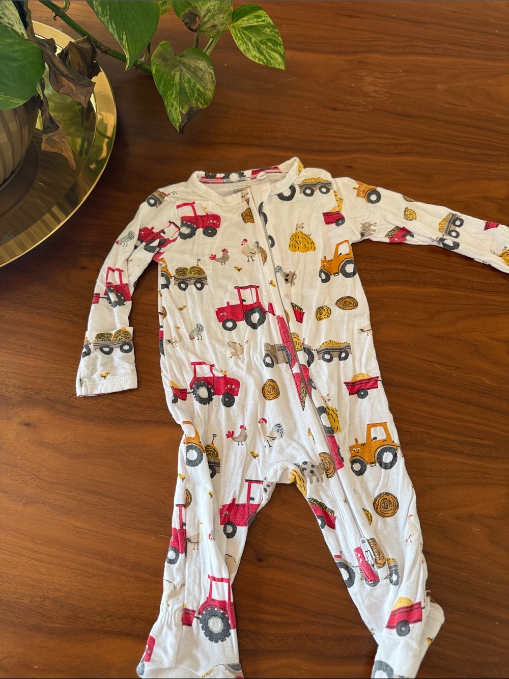 Angel Dear White Kids One-Piece Pajamas with Red & Yellow Tractor Print